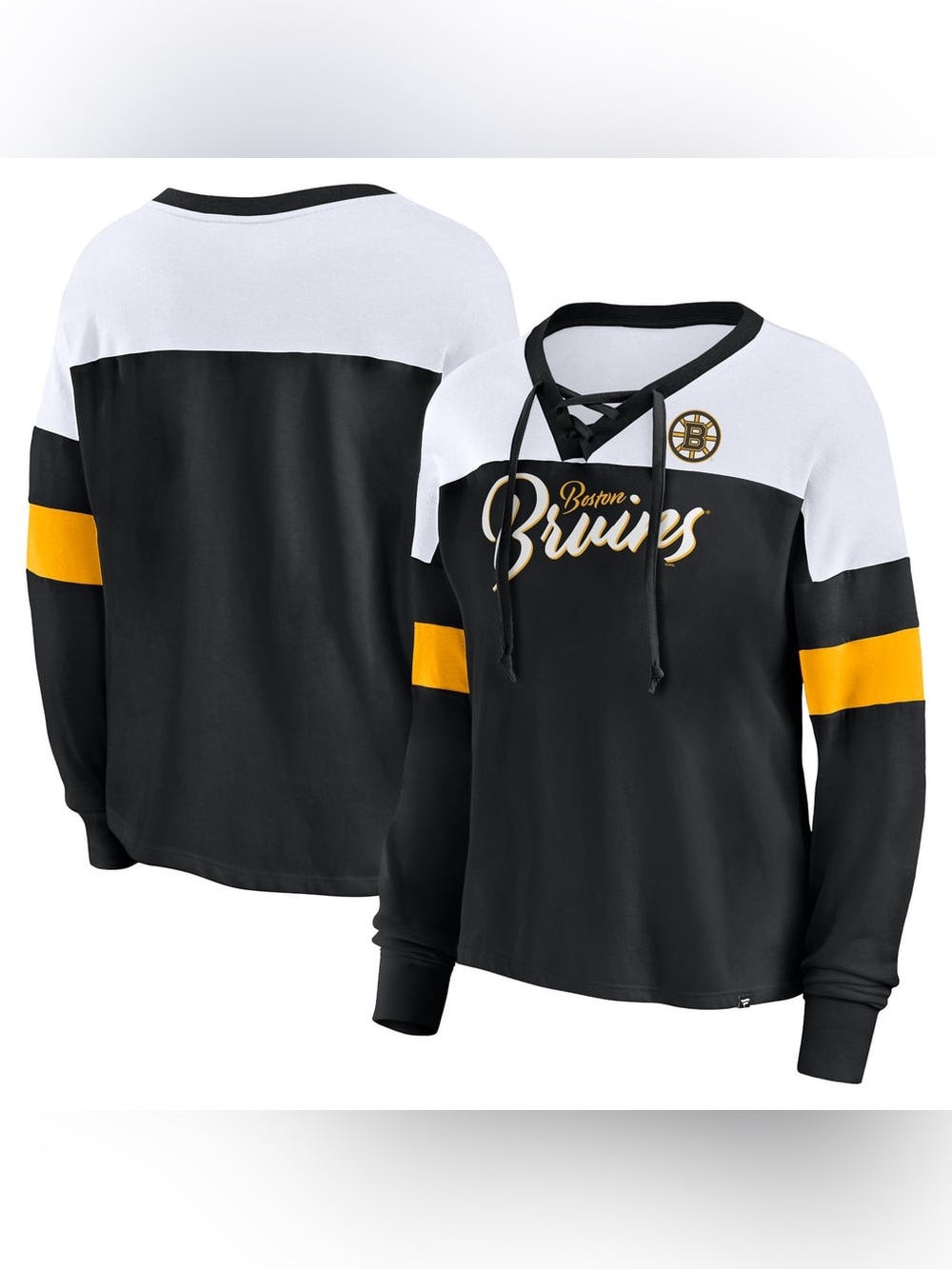 Boston Bruins Fanatics Black Take the Shot Long Sleeve Lace-Up V-Neck T-Shirt